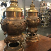 Pair of Brass Antique Asian Style covered Mantle Urns w/Birds